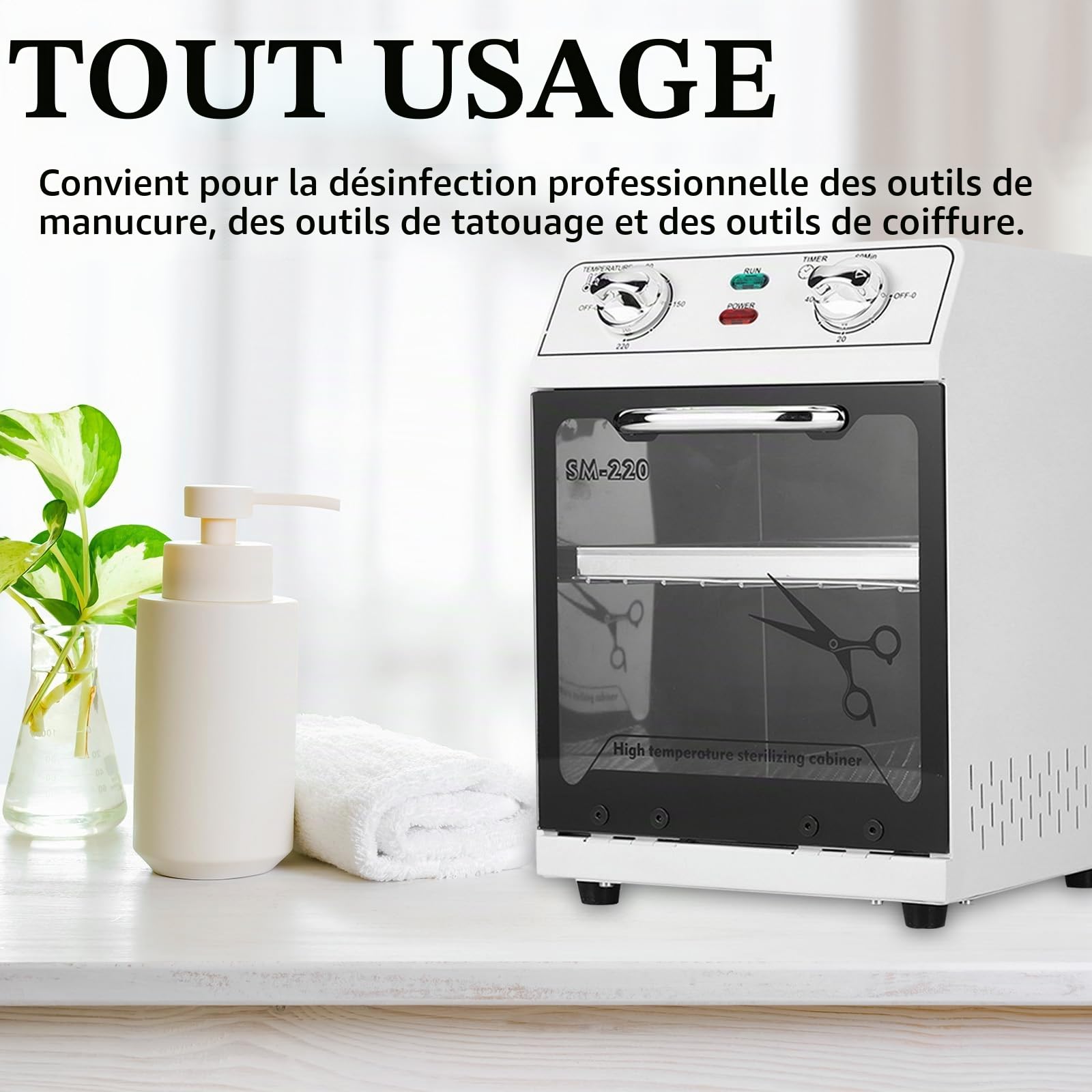 Désinfection par Stérilisateur à Air Chaud, 600W 8L 220℃ Stérilisateur à Chaleur Sèche Stérilisateur à Haute Température Stérilisateur à Ongles avec Minuterie et Voyant Lumineux pour Salon Coiffure