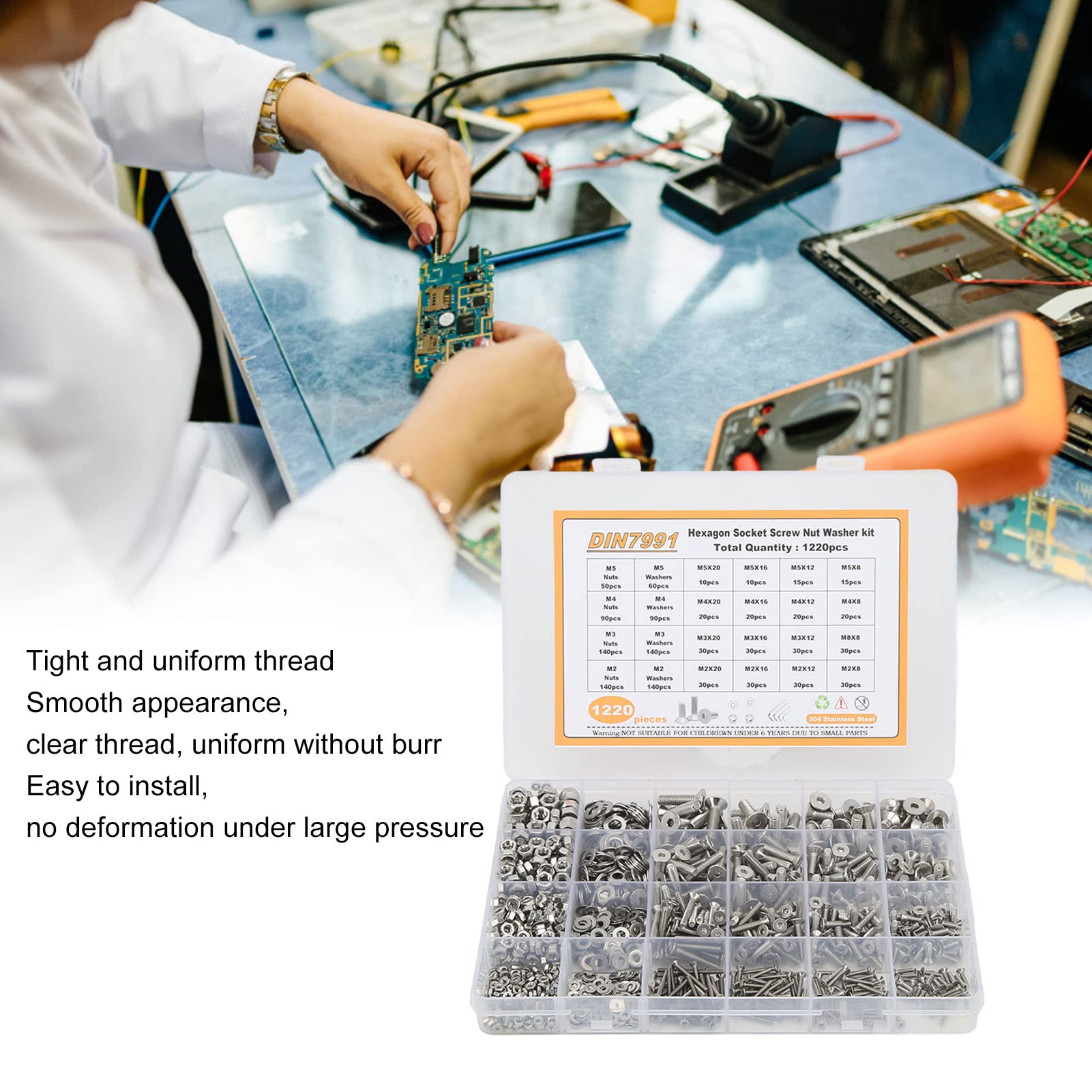 Kit De Rondelles D'écrous à Vis, 1220 Pièces, Assortiment De Vis à Tête Plate En Acier Inoxydable, Ensemble D'assortiment De Vis à Six Pans Creux M2 M3 M4 M5, Matériel D'assemblage En Métal,