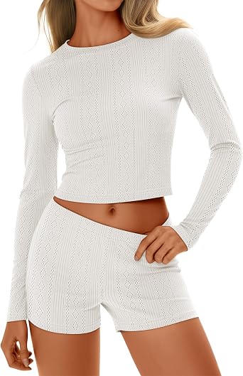 Womens 2 Piece Knit Lounge Sets, Casual Matching Outfits Long Sleeve Crew Neck Slim Crop Tops and High Waist Short