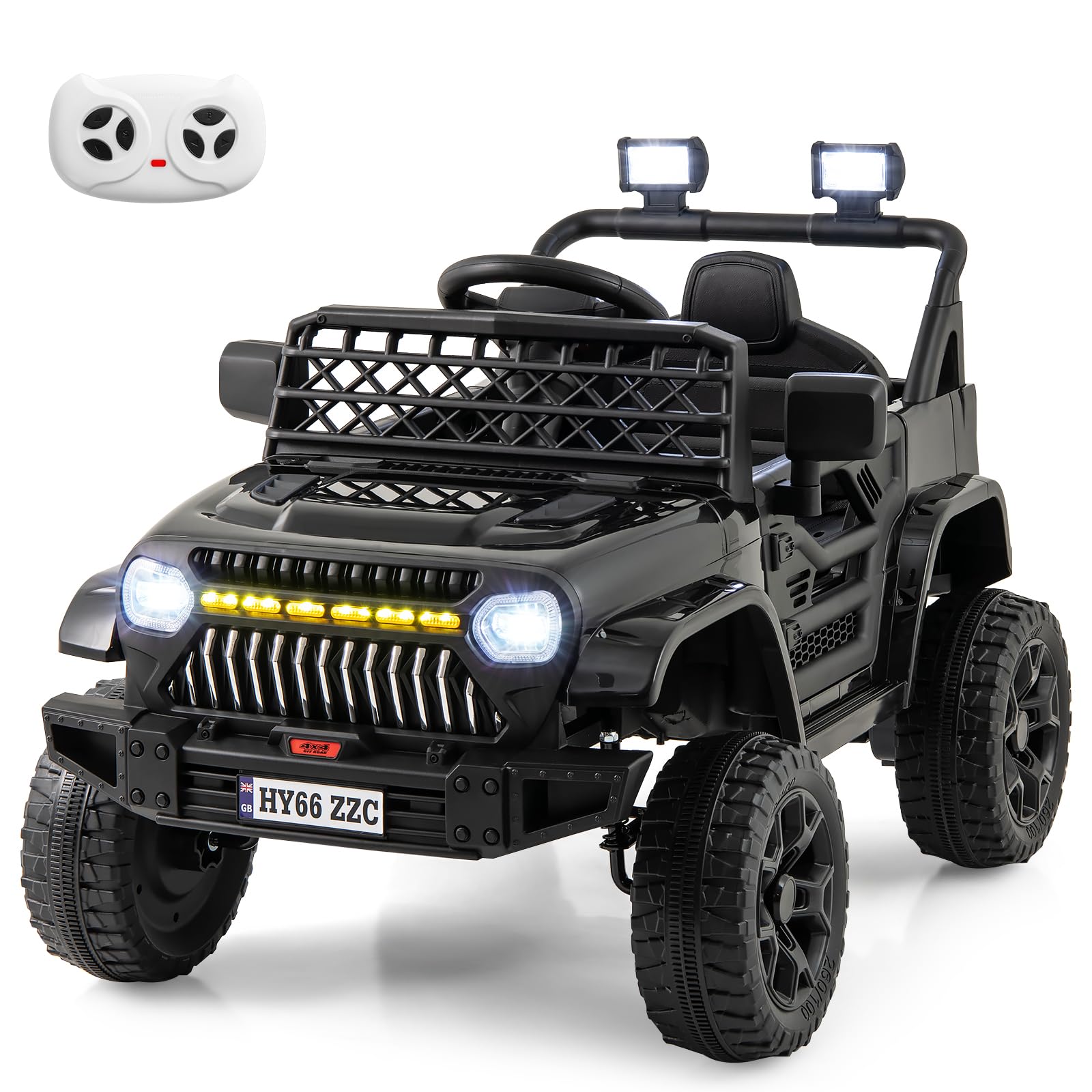 COSTWAY Kids Electric Ride on Car, 12V Battery Powered Off Road Truck with Remote Control, Shock Suspension, Bluetooth, LED Lights, Music, for 3+ Years Boys and Girls (Black)