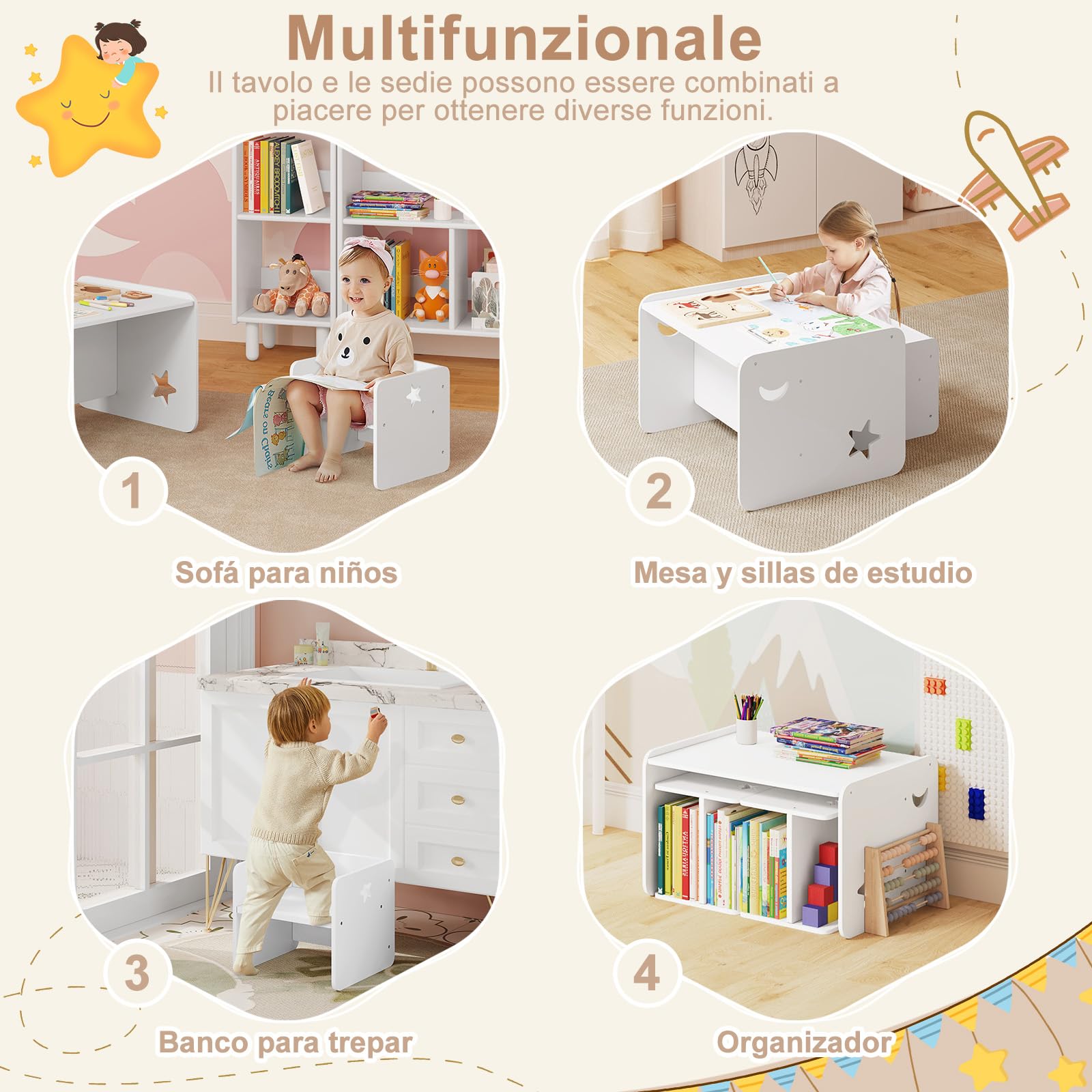 WOLTU Juego de Mesa y Sillas Infantiles, Blanco
