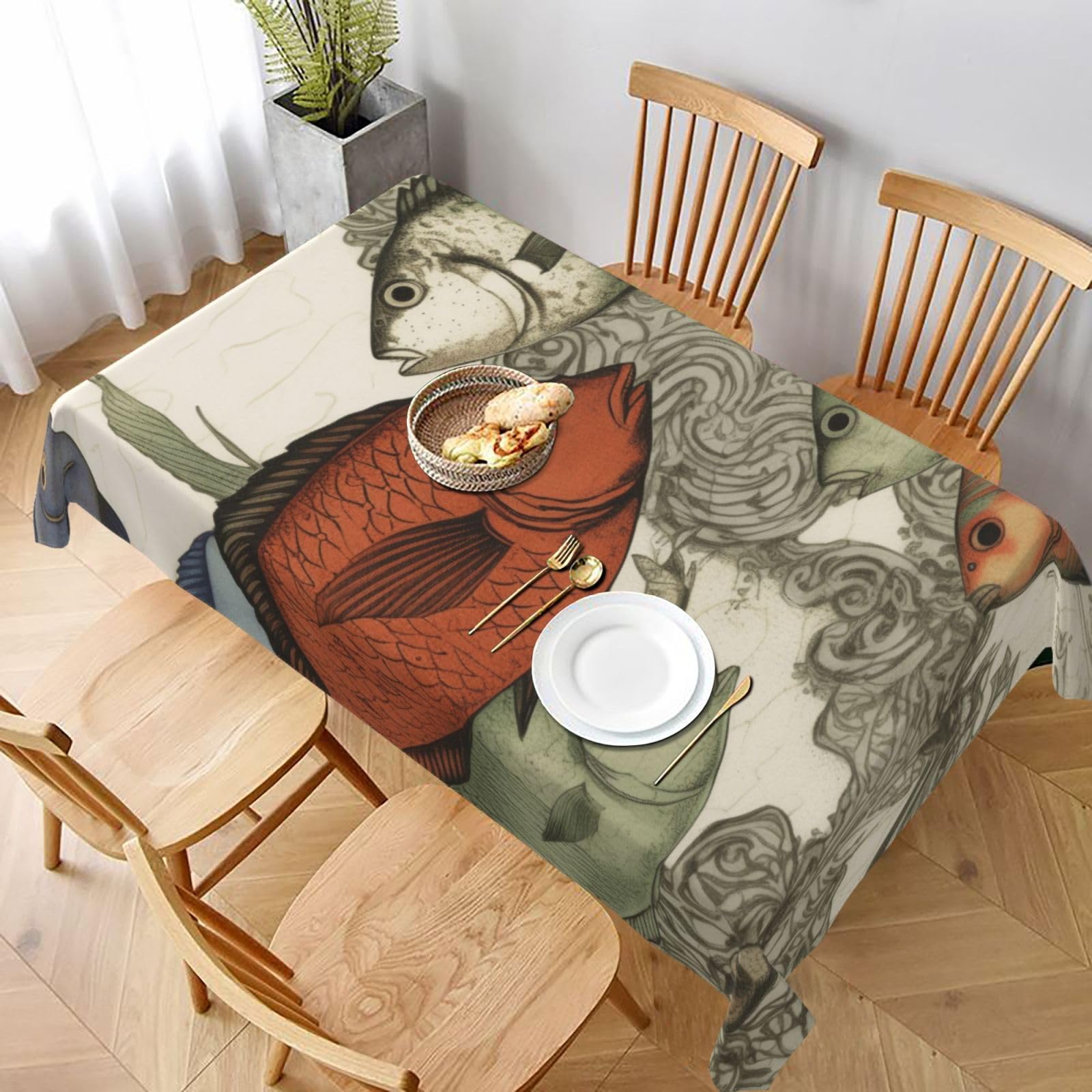 WPKJU Fish Printed Tablecloth 60x90 in Water Resistant Table Cover Washable Rectangle Table Cloth for Dining Tables
