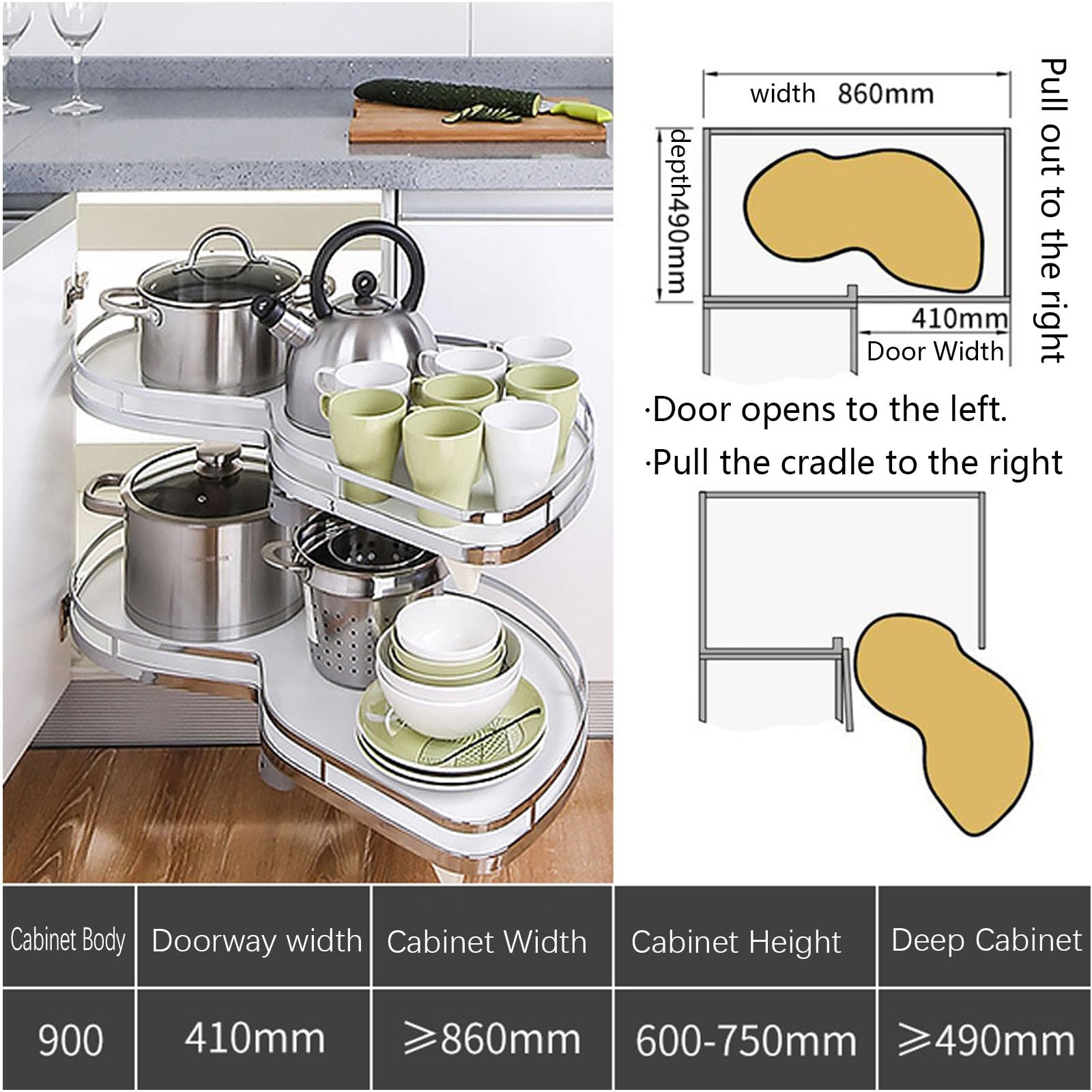 Bandeja Oscilante Extraíble de 2 Niveles para Rincón Ciego, Organizador de Gabinete de Cocina para Gabinetes 900-1000mm, Almacenamiento Rotativo para Especias y Utensilios