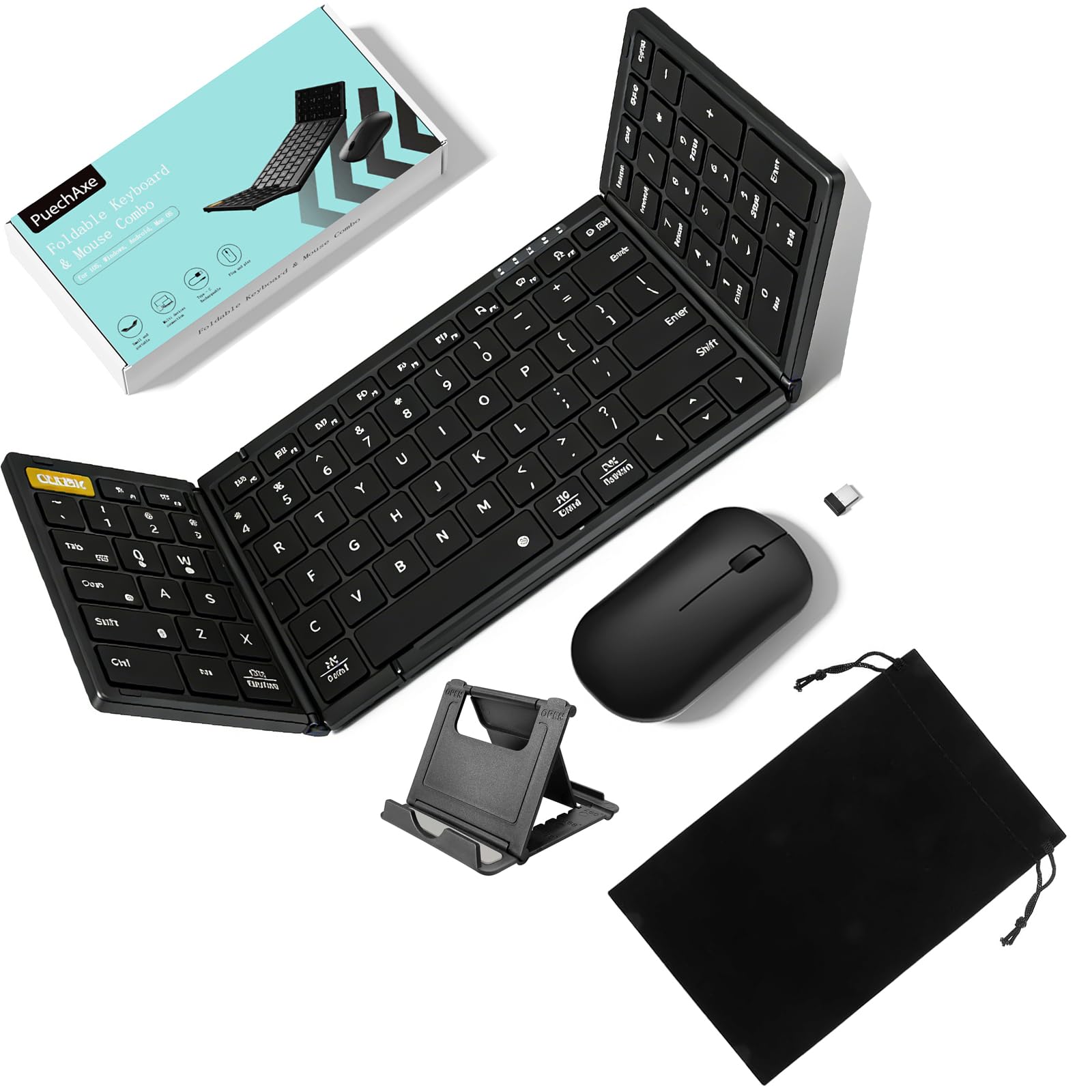 PuechAxe Foldable Keyboard and Mouse with Travel Bag, Full-Size Portable Folding Wireless Keyboard Mouse Combo, 2.4G+BT5.0 x 2, Rechargeable Bluetooth