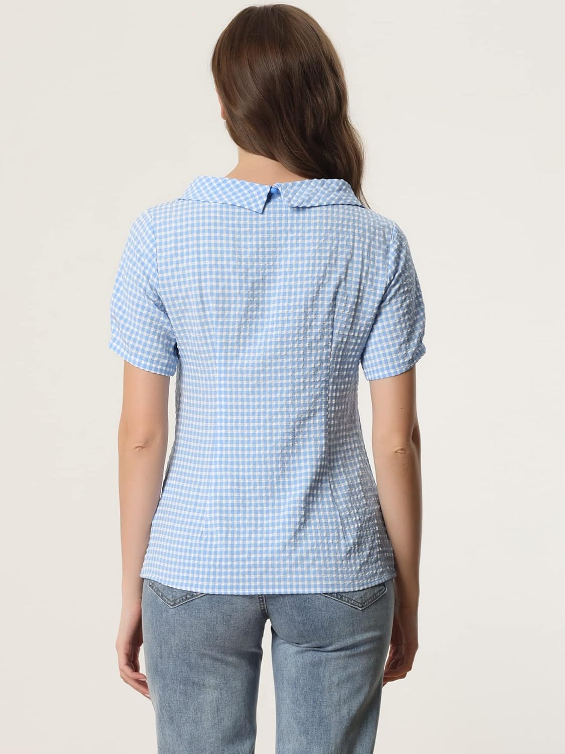 Allegra K Women's 1950s Round Collar Short Sleeve Gingham Tops - Image 4