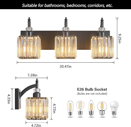 Miniatura 4 de Luces de tocador de cristal negras con 3 luces de baño sobre espejo moderno para baño