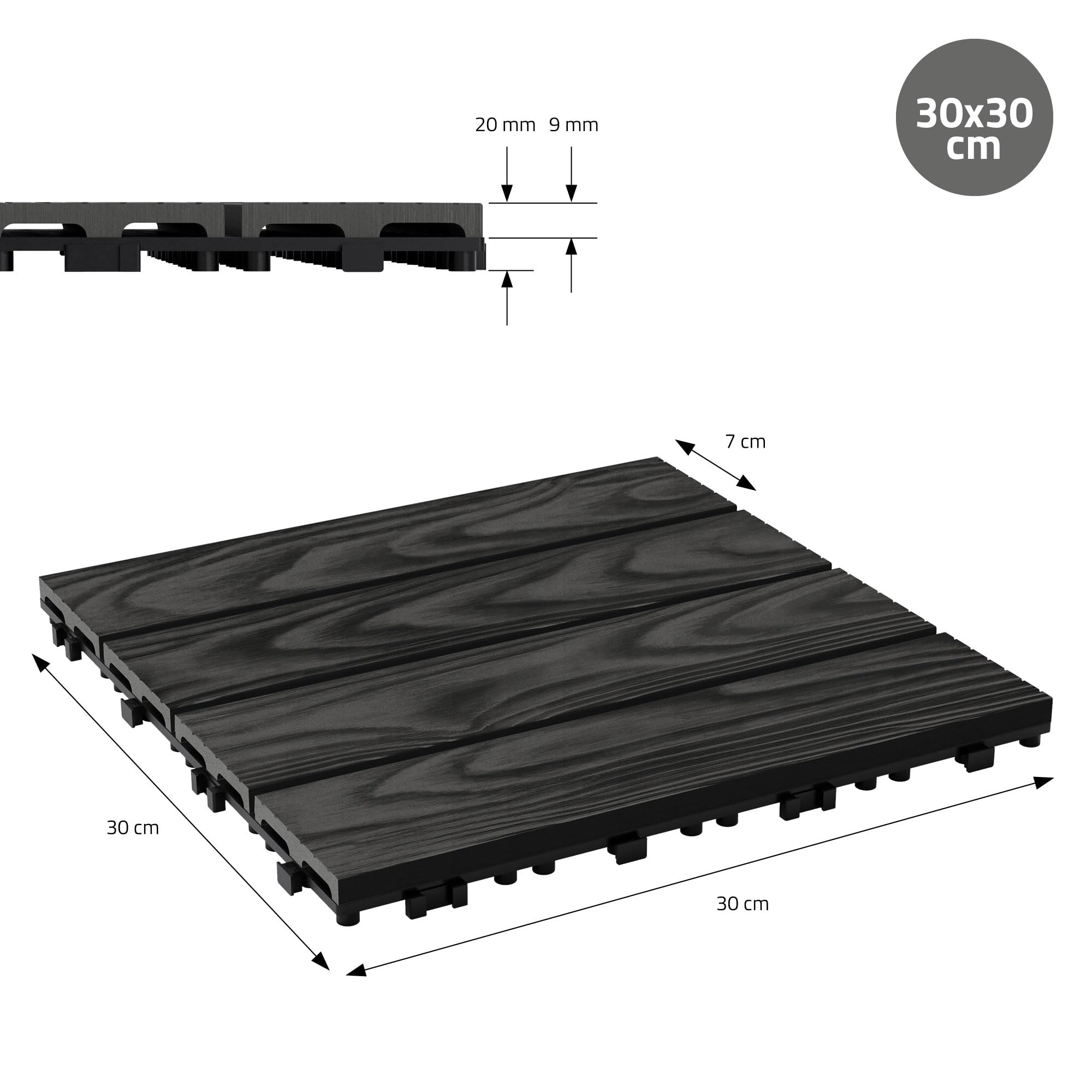 ECD Germany Baldosas de Patio WPC de 30x30 cm 11 Piezas para 1m² Aparencia de Madera Antracita con Sistema de Drenaje e Instalación Mediante Clic, Losa Aspecto Tabla de Leña para Terraza y Balcón