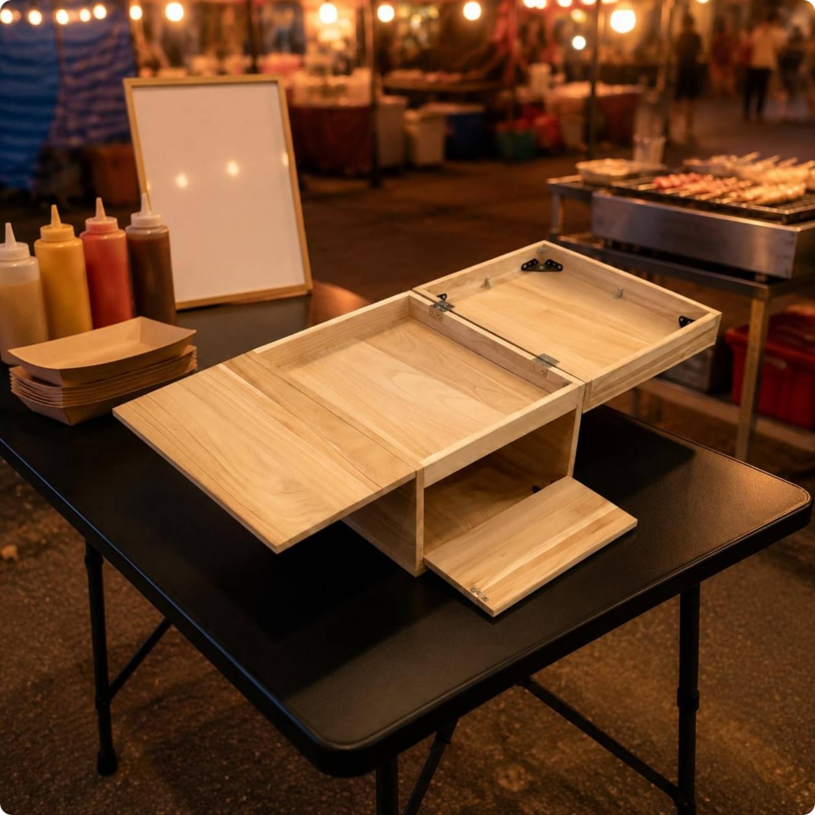 Colcolo Holzbox Tragbare Faltbare Aufbewahrung Klappkiste Präsentationsbox Vorratskiste mit Aufklappbarer Fläche Und, Vierseitiger Tisch Aus Paulowniaholz, Außenmaße 50 40 40CM