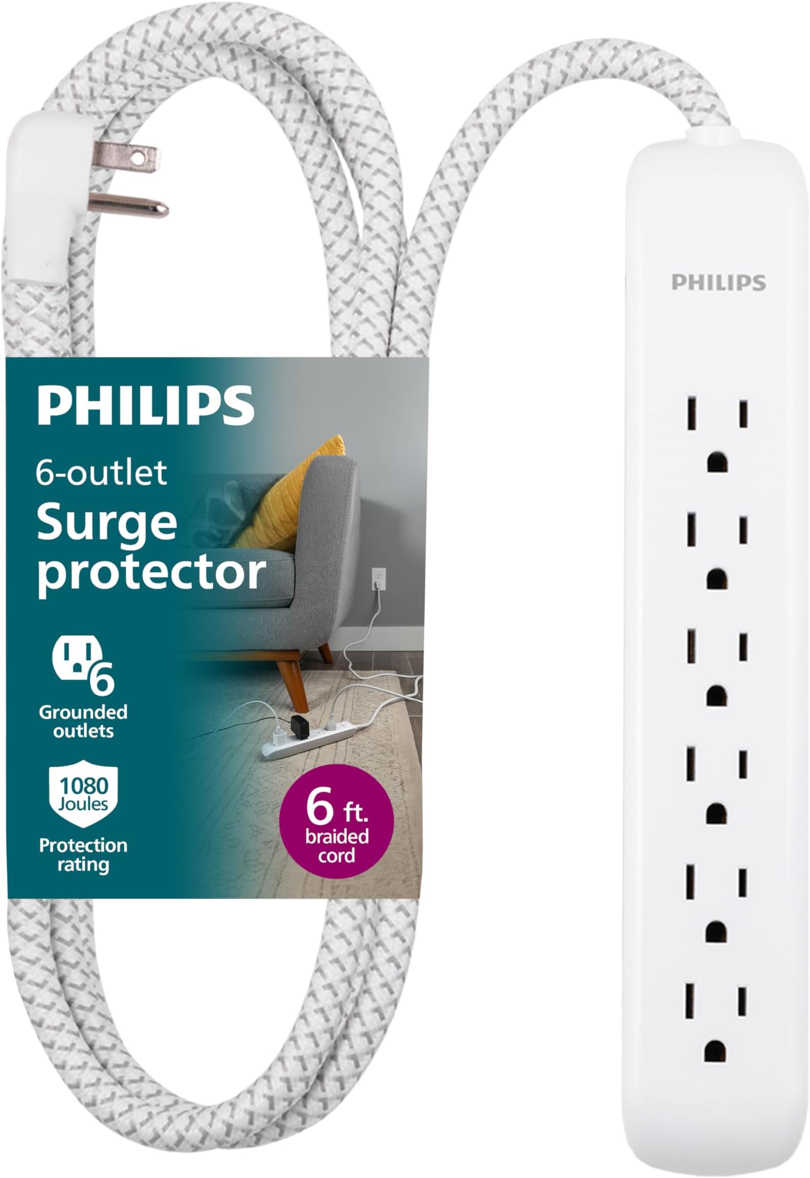 Philips 6 Outlet Power Strip Surge Protector, 6 Ft Power Cord, Designer Braided Extension Cord, Flat Plug, Perfect for Office or Home DÃƒ©cor, 1080 Joules, White, SPC3054WA/37