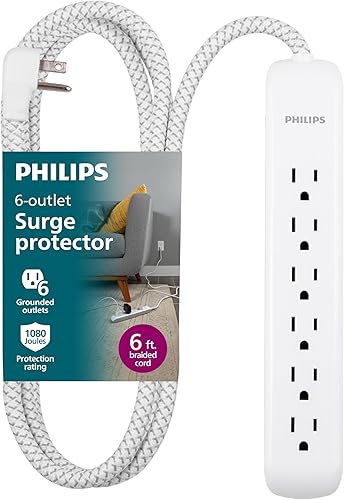 Miniatura 9 de Philips Protector de sobretensiones de 4 tomas, cable trenzado de 4 pies, 1 USB-C, 1 USB-A, cable de extensión, tira de alimentación, para el hogar,