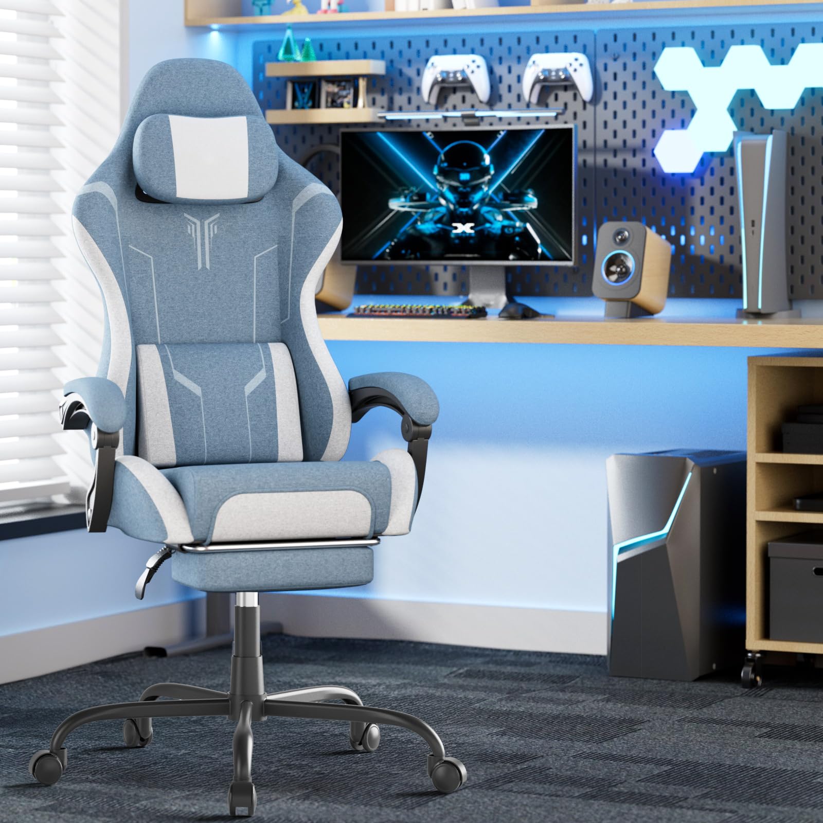 Silla de gaming ergonómica con función de masaje, reposapiés, almohada extraíble, reposabrazos integrados, soporta 110 kg, silla de PC para oficina y hogar, color azul