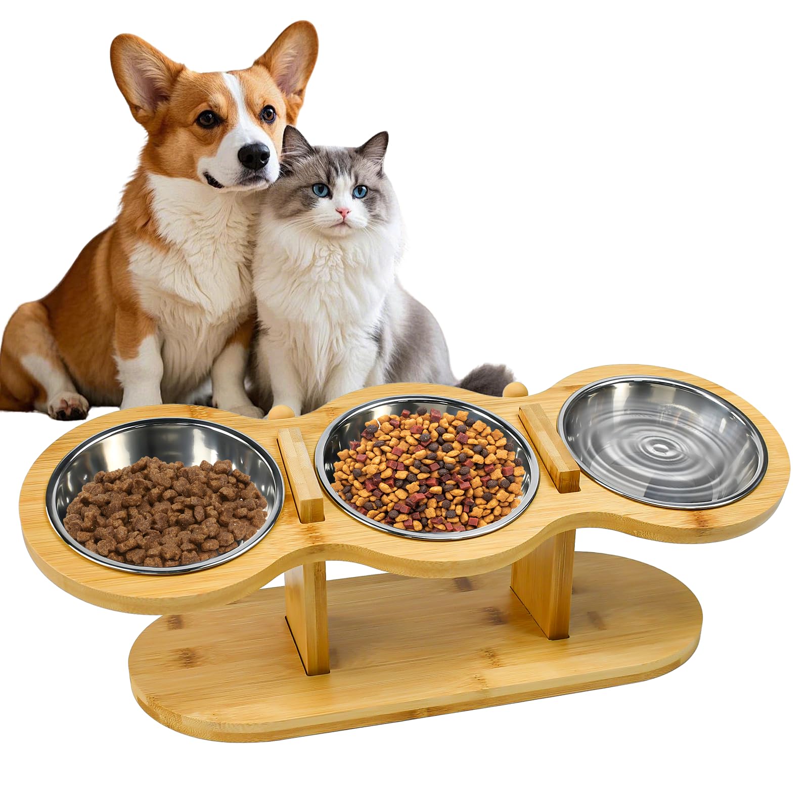 Ciotole per Gatti Rialzate,Mangiatoia per Gatti con 3 Ciotole,Ciotola in Acciaio Inox Rialzate con Supporto in Legno per Cani Piccoli, Gattini