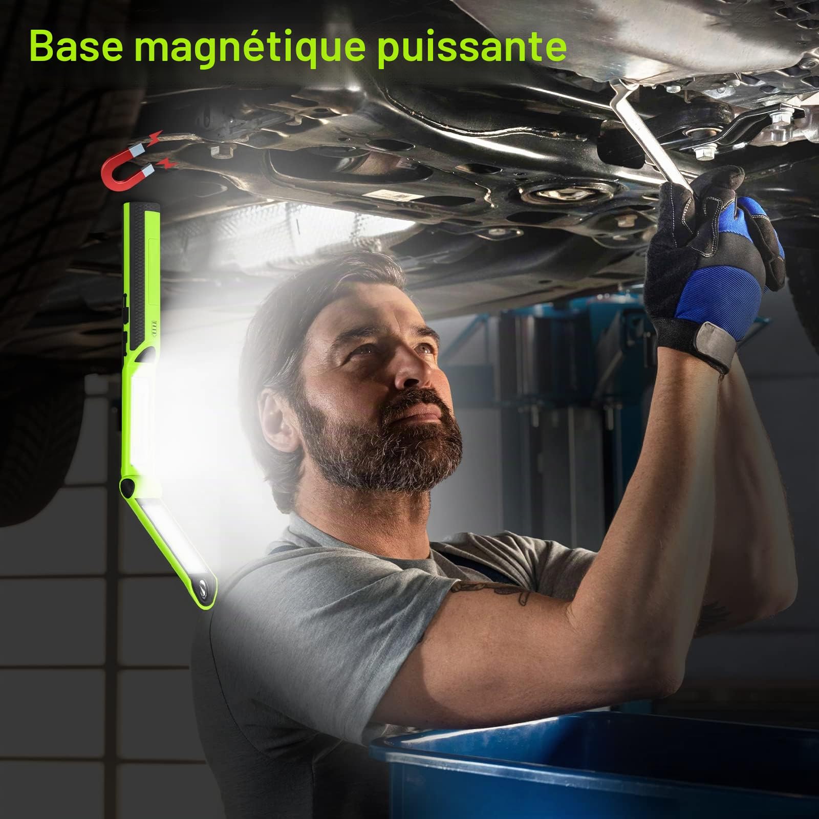 Ropelux Lampe de travail LED rechargeable 1500 lumens,lampe d'inspection pivotant à 180° 3 modes, avec 3 bases magnétiques et crochet pour lampe de mécanicien, pour réparation de voiture/sous le capot