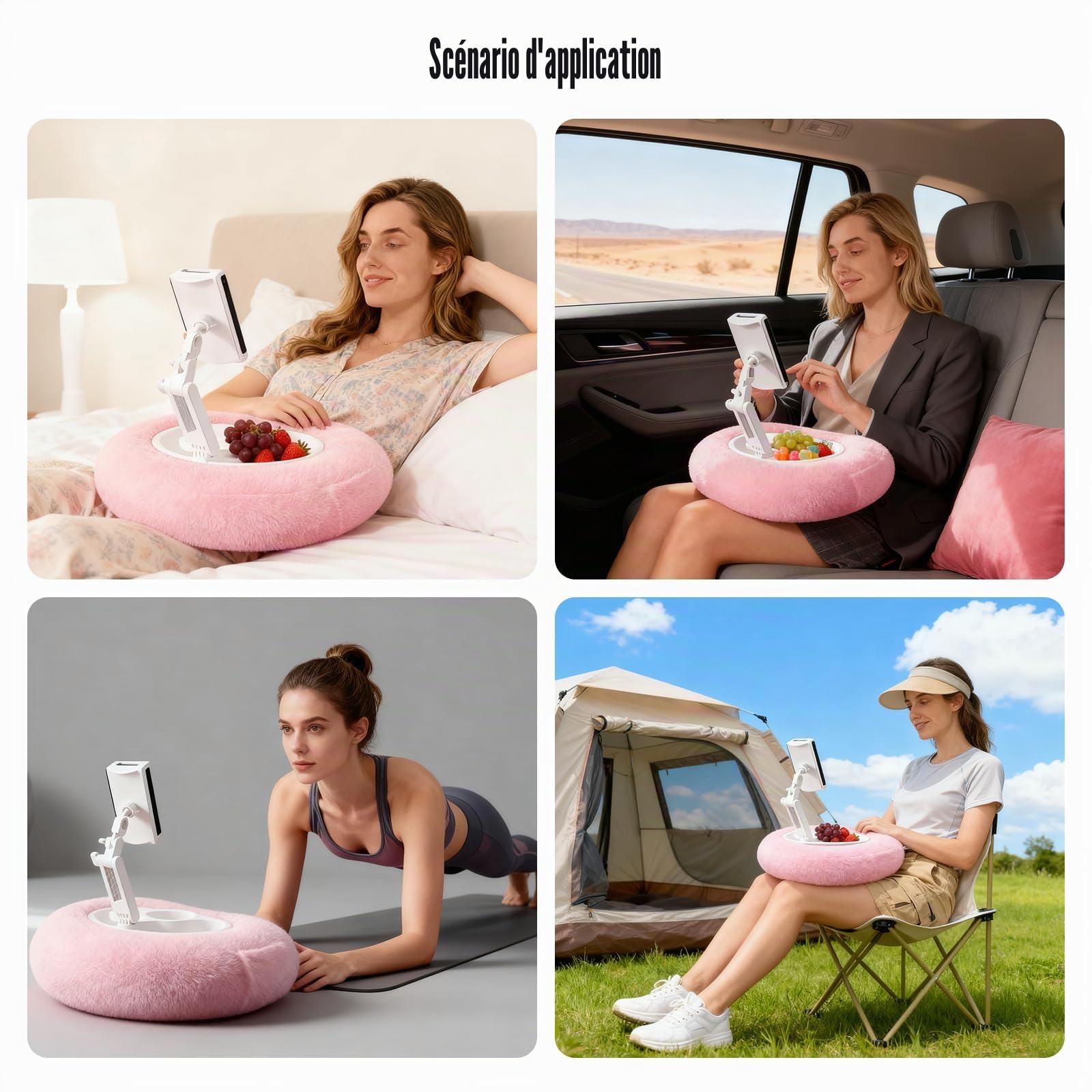 Coussin pour Tablette, Support Kindle Réglable pour la Lecture | avec 3 Bols à Collation, Compatible avec les Téléphones, Tablettes et Appareils Kindle de 4,7 à 13 Pouces