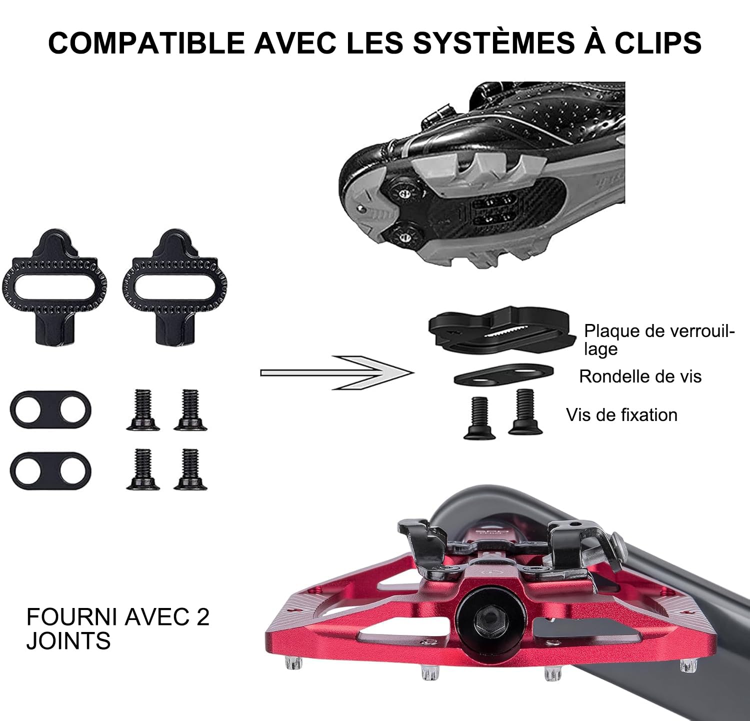 CXWXC Cliquez Pédales de vélo et Plates, avec 3 roulements étanches, en Alliage d'aluminium de 9/16 Pouces, antidérapantes, Plate-Forme Large, pédales à clic pour VTT ou vélo de Route