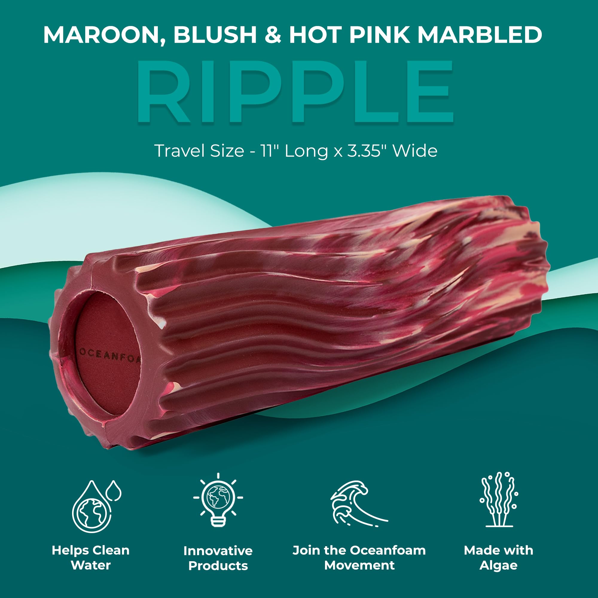 Oceanfoam Ripple Roller - Rodillo de espuma de masaje muscular para dolor de espalda y estiramiento, textura ondulada ergonómica, yoga, atletismo y bienestar, compacto, 11 x 3.35 pulgadas, granate,