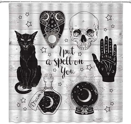 Cortina de ducha con diseño de calavera de gato negro Ouija, con cita de miedo, de madera rústica, magia, brujería, alquimia, ilustración gótica,