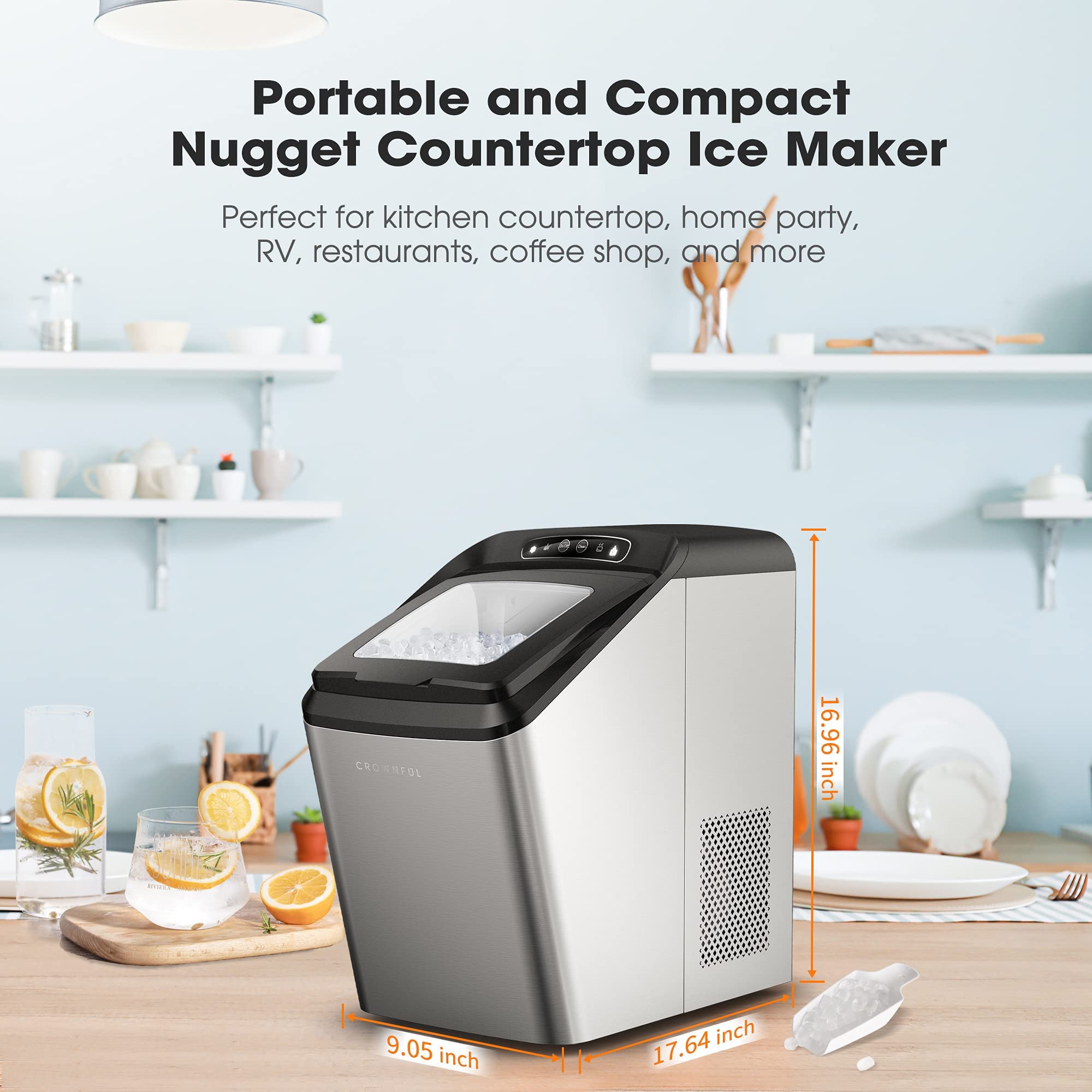 CROWNFUL Nugget Ice Maker Portable Countertop Machine, Auto Water