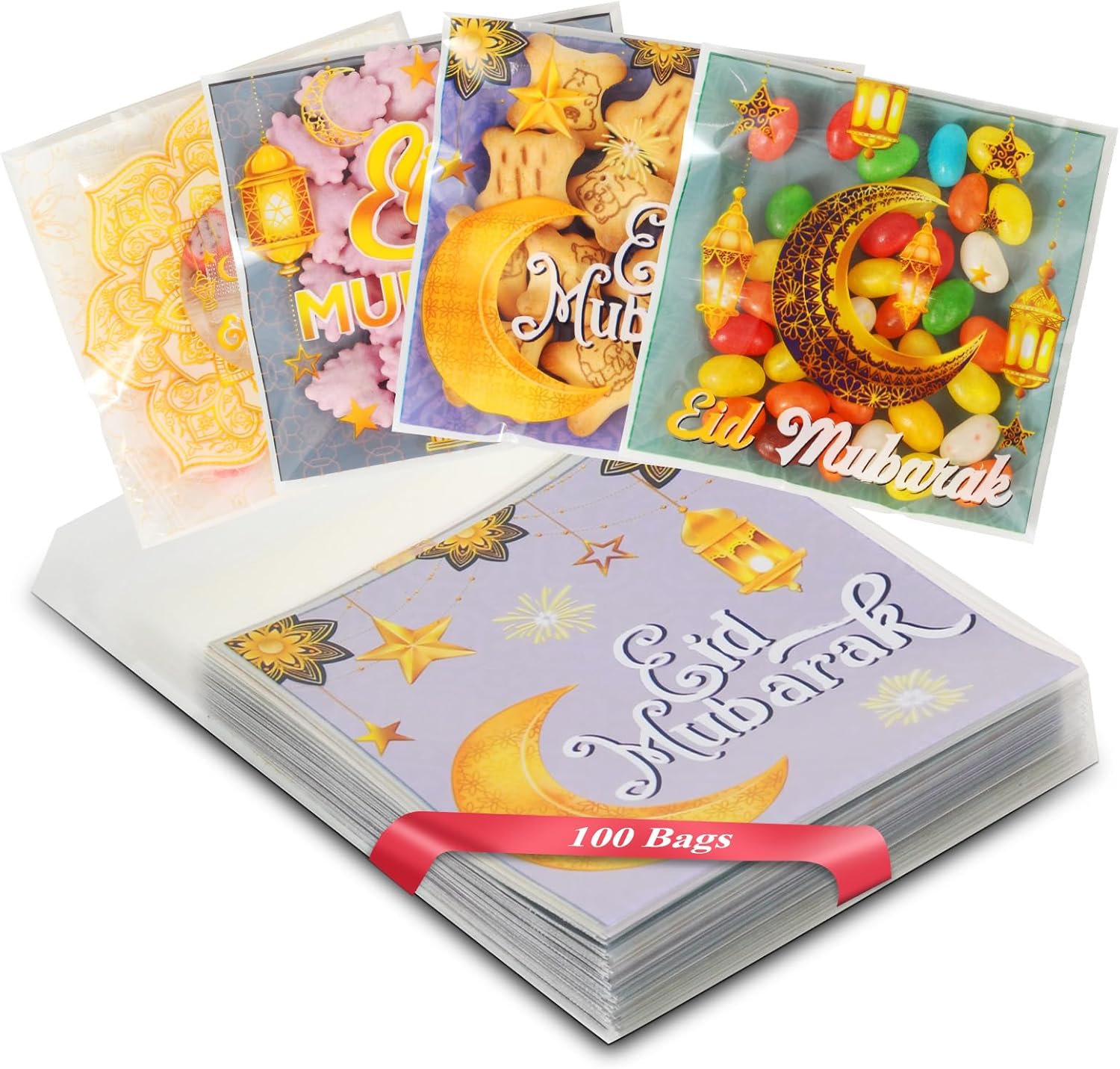 Artby7 100 Pcs Small Eid Mubarak cookie Bags, 4'' X 4'' Eid Cellophane Treat Bags Ramadan Kareem Bags Eid Moon Goodie Candy Bags Gift Bags for Eid Mubarak Party Supplies - Image 2
