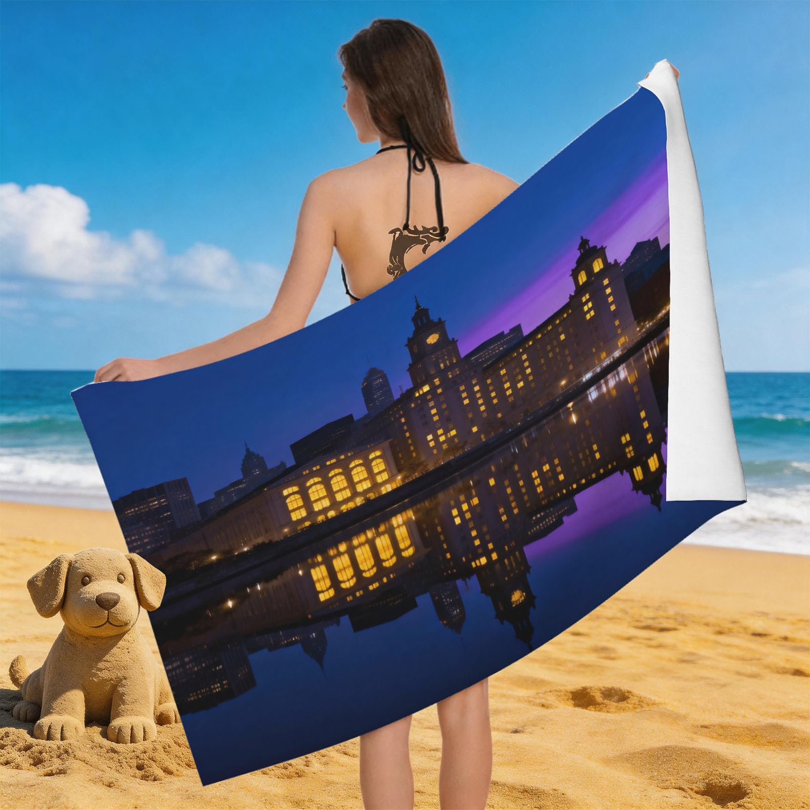 Leichong Men's Blue 3D Cityscape Beach Towel Microfiber Soft Quick Dry For Adults, Chic Bath Towel Lightweight Soft Absorbent For Travel Swimming Pool Sports, 75 X 150 Cm