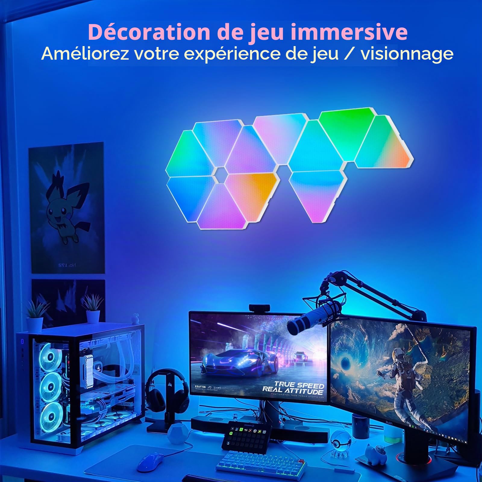 Panneau Lumineux LED Triangulaire Applique Murale, 6 LED Dimmable Intelligente RGBIC Triangulaire Panneau Lumineux Gaming Murale Lampe DIY Design Bluetooth Musique Sync Jeu Décoration