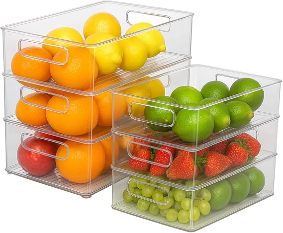 Fridge Organiser 6 Pieces (2 Sizes) Stackable Storage Box with Handle Transparent Storage Container for Fridge Kitchen Cupboard and Drawer BPA-Free