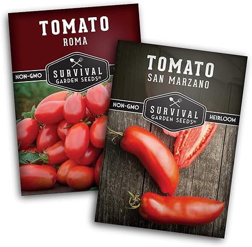 Pasta de semillas de tomate para plantar, paquete variado de 2 con Roma y San Marzano, tomates tradicionales sin OMG para salsa, enlatado y cocinar.