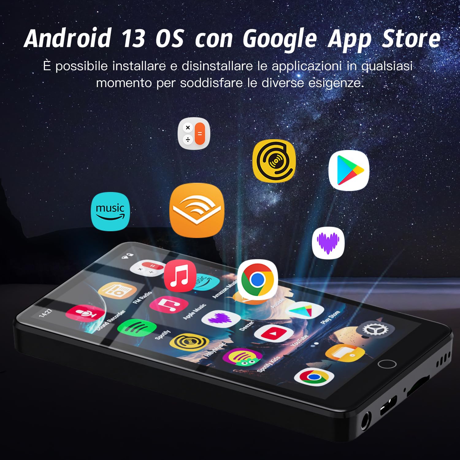 Lettore MP3 da 160GB con Bluetooth e WiFi, lettore MP4 IPS HD Touch Screen da 4,02" con altoparlanti, lettore musicale per bambini con sistema operativo Android 13, lettore MP3 MP4 con Play Store