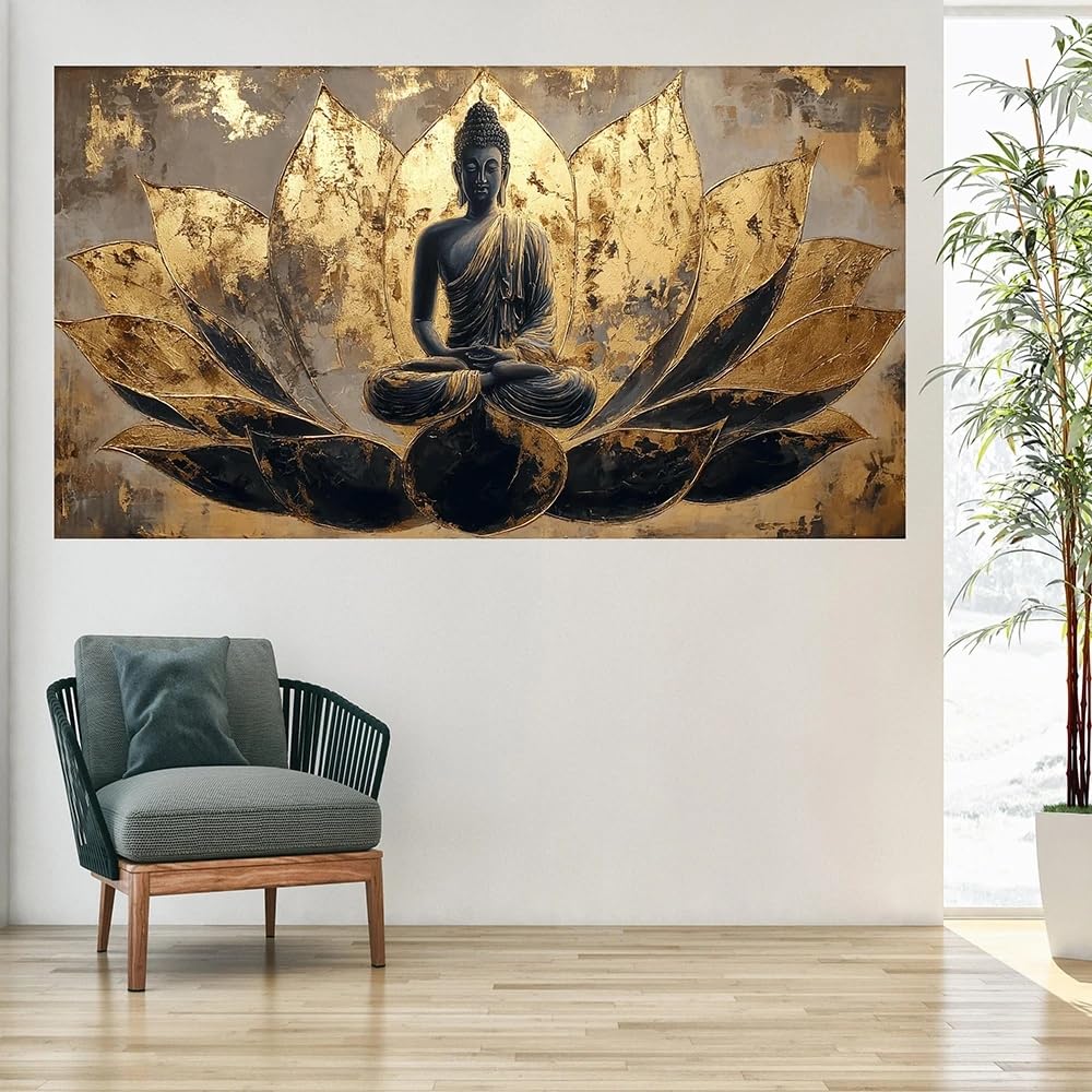 GOSRD Canvas Golden Buddha Lotus, Zen Meditation Wall Art Spiritual Home Decor Arts Posters(30x60cm)