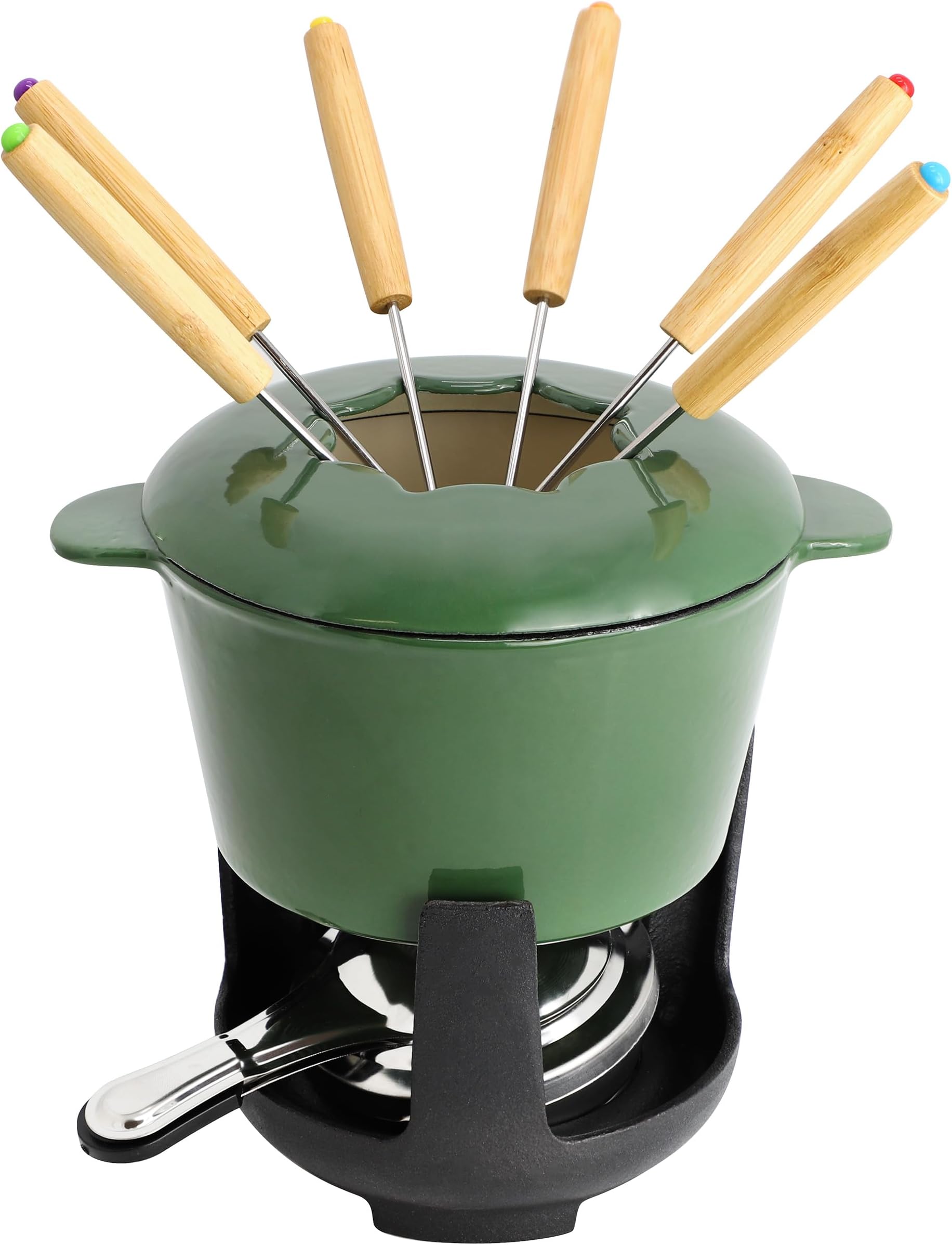 MegaChef Enameled Cast Iron Fondue Pot Set with 6 Serving Forks – Perfect for Chocolate, Cheese, and Snack Fondue, Vibrant Green Cookware