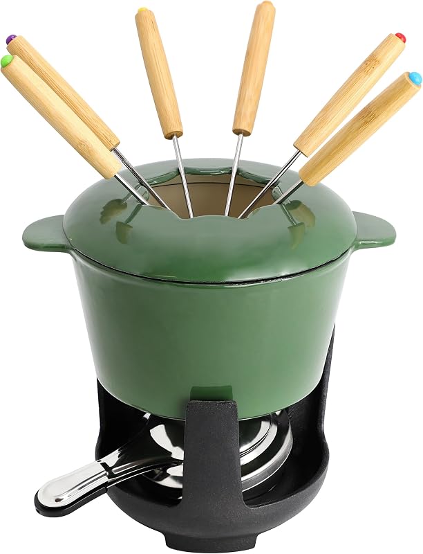 MegaChef Juego de ollas para fondue de hierro fundido esmaltado con 6 tenedores para servir, perfecto para fondue de chocolate, queso y refrigerios, utensilios de cocina de color verde vibrante