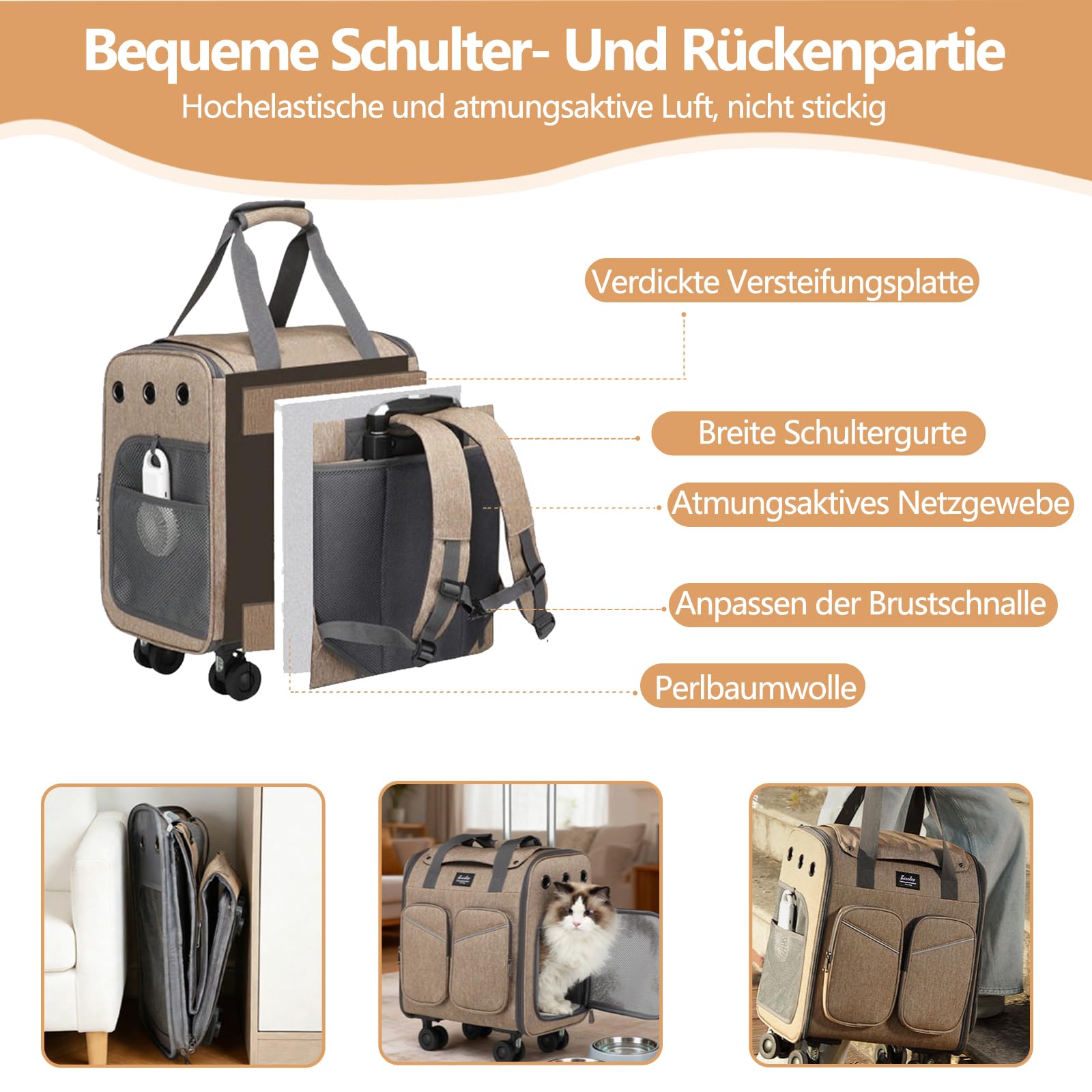 Galatée Rollkoffer Für Haustiere Aus Atmungsaktivem Polyestergewebe, Mit Gebremsten Und Stoßdämpfenden Universalrollen, Rutschfesten Griffen, Geeignet Für Katzen Und Hunde(Rosa)