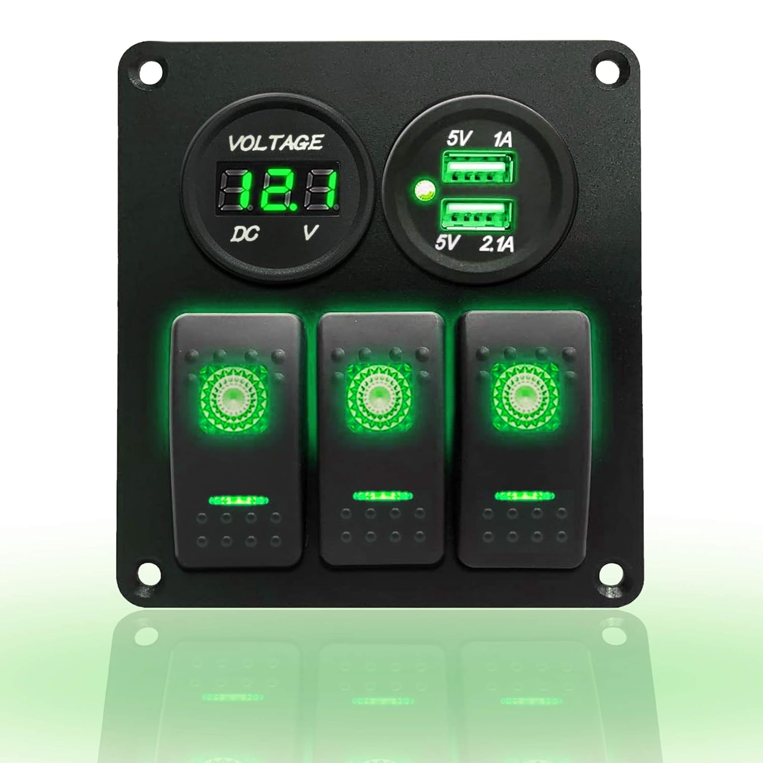 Stark Industries - 3-Gang Rocker Switch Aluminum Panel with USB Charger and Voltmeter- Toggle Switch Dash 5 Pin ON/Off - 2-LED Backlit for Boat Truck Marine (Green)