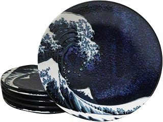 Ebros Gift Pack Of 6 Made In Japan Restaurant Grade Navy Blue Japanese Hokusai Great Wave Of Kanagawa Round Appetizer Salad Dessert Plate Set 7.5" Diameter Plates Dinnerware Dishes