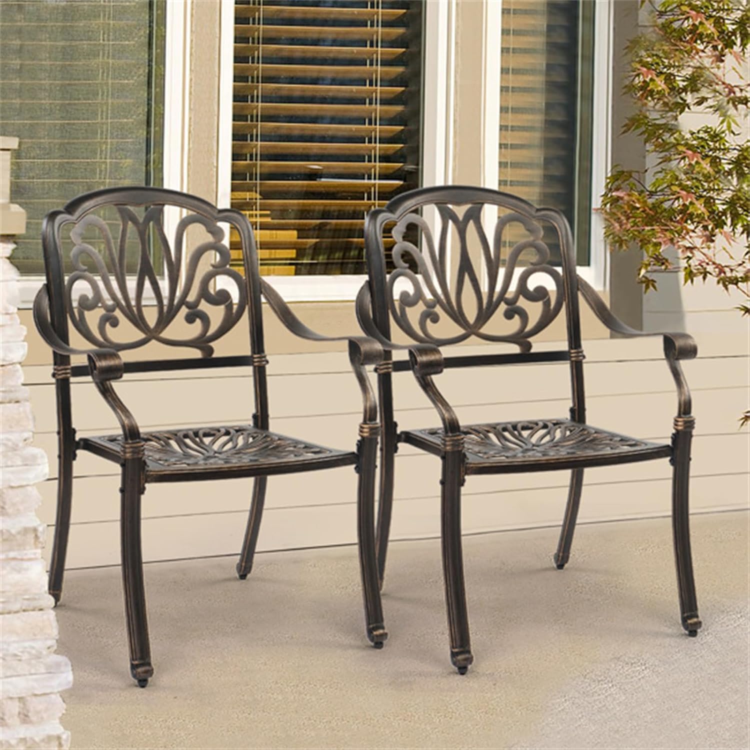 Set of 2 Cast Aluminum Patio Dining Chairs, Stackable Outdoor Bistro Chairs with Armrests for Balcony Backyard Garden Deck, Antique Bronze (Without Cushions)