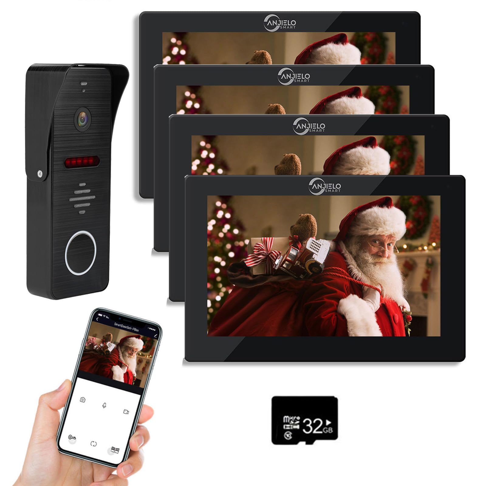 Wired Video Doorbell Apartment Intercom System with 1080P HD Camera,7 Inch Touch Monitor,TUYA WiFi Smart Home Video Intercom Door Phone Kits for Home Villa,32G (1 doorbell+4 Monitor)