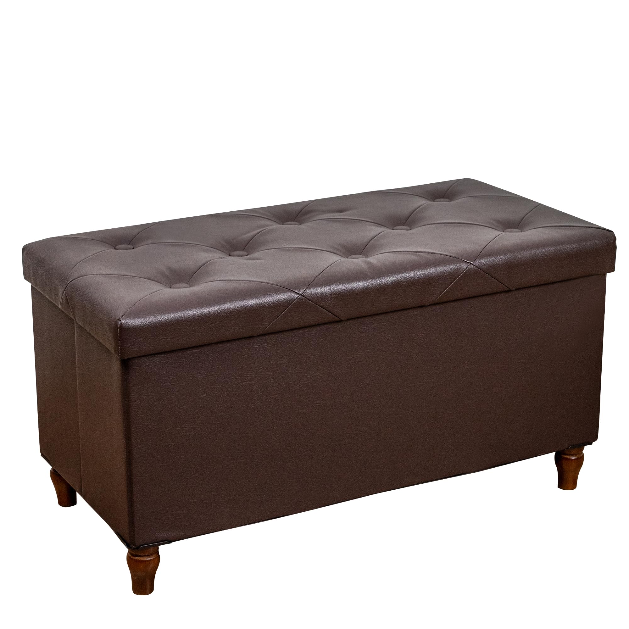 30 Inches Storage Ottoman Bench with Wooden Legs, Faux Leather Folding Ottoman Foot Rest, Storage Bench for Living Room, Hallway & Bedroom, Upgrade Large Capacity, Brown