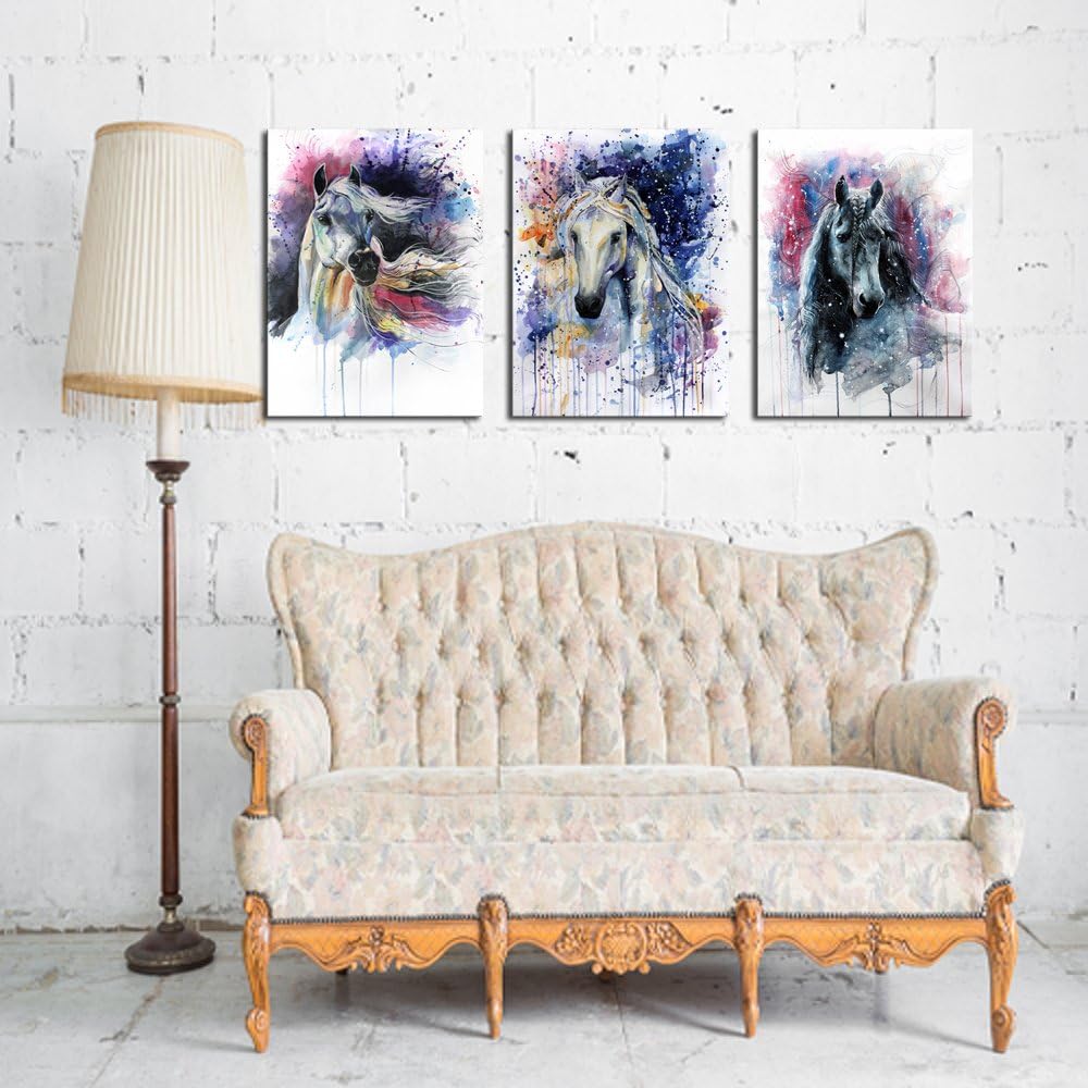 DZL Art D70234 Canvas Wall Art Horse Animal Painting Prints on Canvas Framed Ready to Hang-3 Panels Watercolor Horses Prints Fine Art for Home Wall Decor 12.00" x 16.00"x3pcs 3 Panels Horse