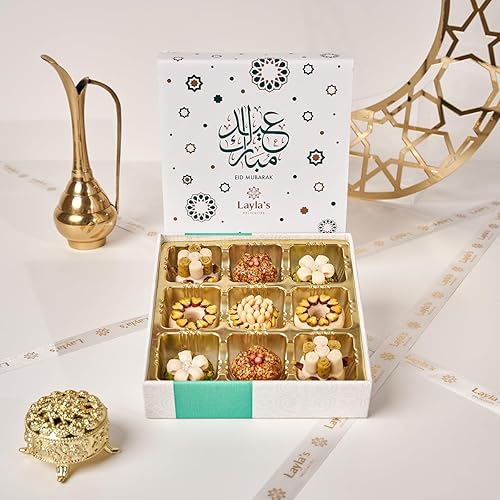 Layla's Delicacies Mediterranean Treats - Caja de regalo para Eid Mubarak – Pasteles de sabores a nuez mixtos saludables hechos a mano – Halal,