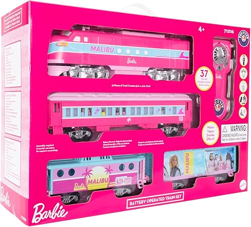 Miniatura 18 de Lionel Mattel Barbie - Juego de tren de juguete con control remoto, locomotora, vagones de tren y pista con sonidos auténticos de tren, luces y