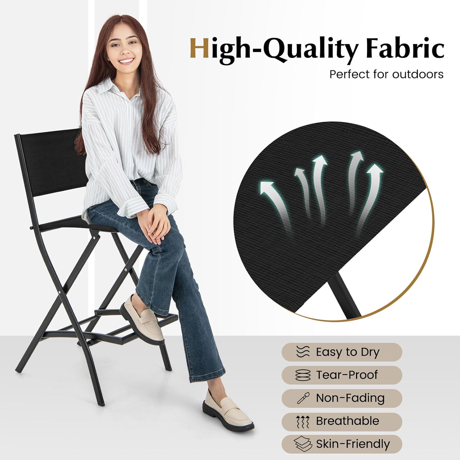 COSTWAY Outdoor Patio Bar Chair Set of 4, Folding Bar Height Stool with Metal Frame & Footrest, Patio Bar Stool for Balcony, Garden & Poolside (4, Black)