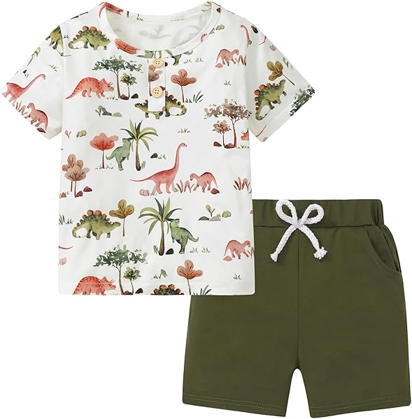 Coco&RARA Toddler Boy Clothes Outfits Kid Summer Hawaiian Print T-Shirt + Elastic Waist Pockets Shorts Clothes Set 2-7T