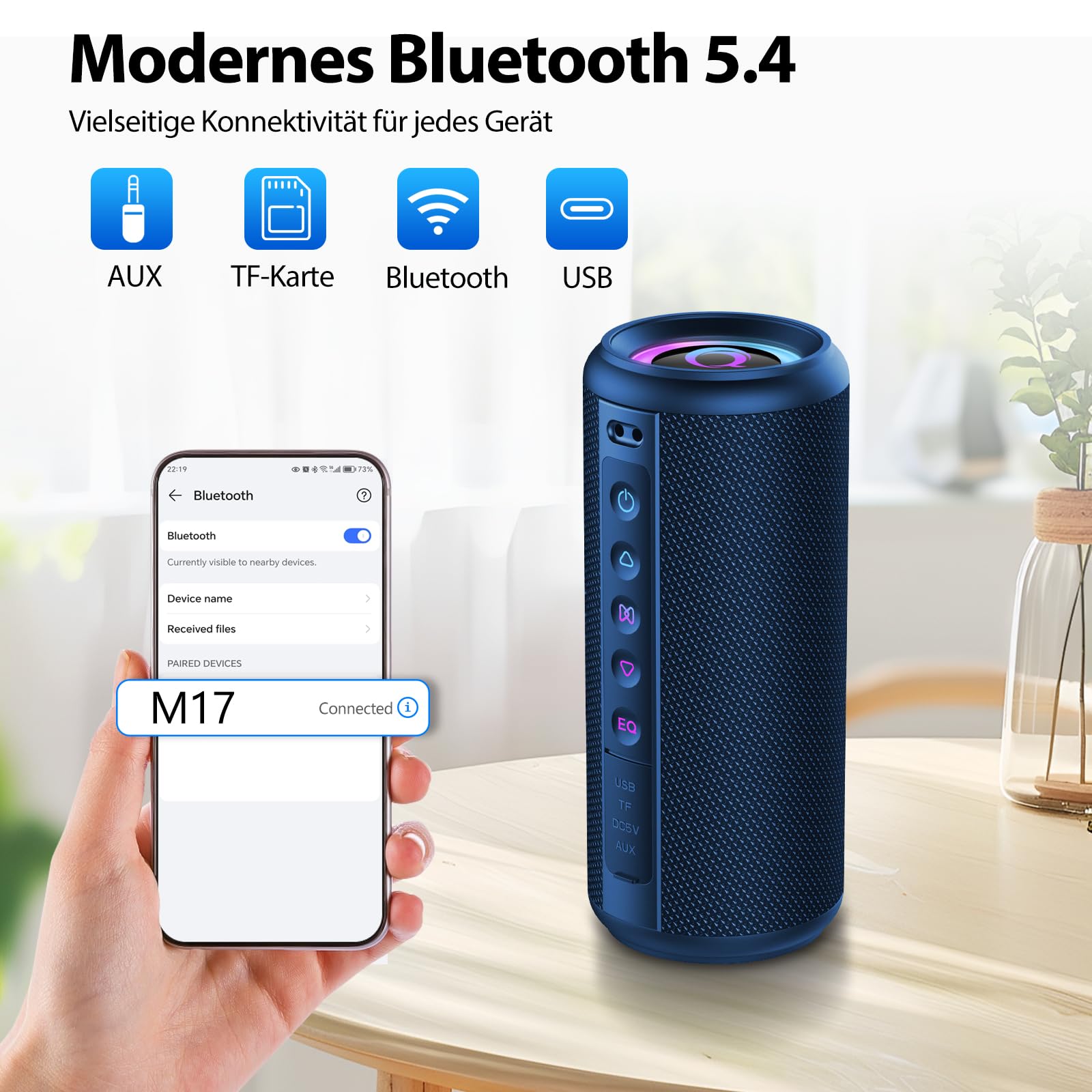 Altoparlante Bluetooth, 2026, carillon Bluetooth 5.4 con luce RGB, portatile, funzione vivavoce, impermeabile IPX7, suono potente per esterni, giardino e viaggi