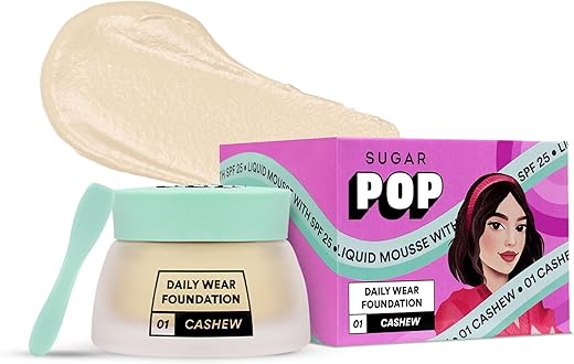 SUGAR POP Liquid Mousse Foundation – 01 Cashew | Mousse Foundation with SPF 25 for Fair to Medium Skin Tone | Matte Finish | 30ml