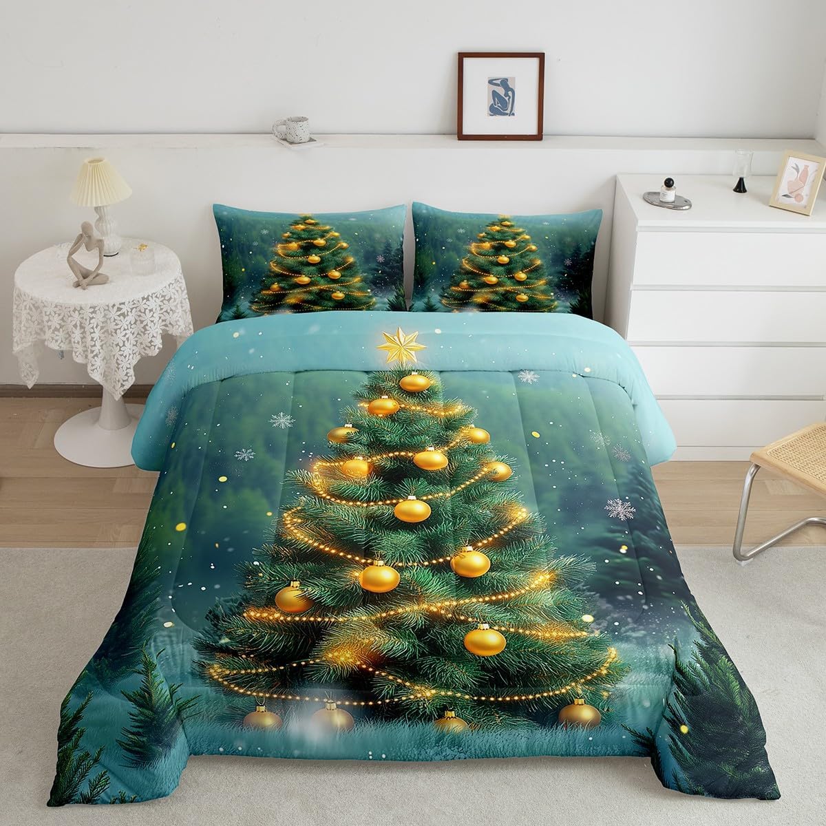 Feelyou Merry Christmas Comforter Set Merry Christmas Tree and Snowman Comforter Toddler Size Glowing Christmas Tree Bedding Set Decor Duvet Set Xmas Deer Elk Decor Quilt Set 2Pcs