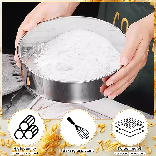 Miniatura 5 de 2 tamices redondos de harina de acero inoxidable, tamiz redondo de harina de 8 pulgadas y 6 pulgadas, 60 mallas de malla fina para hornear pastel pan