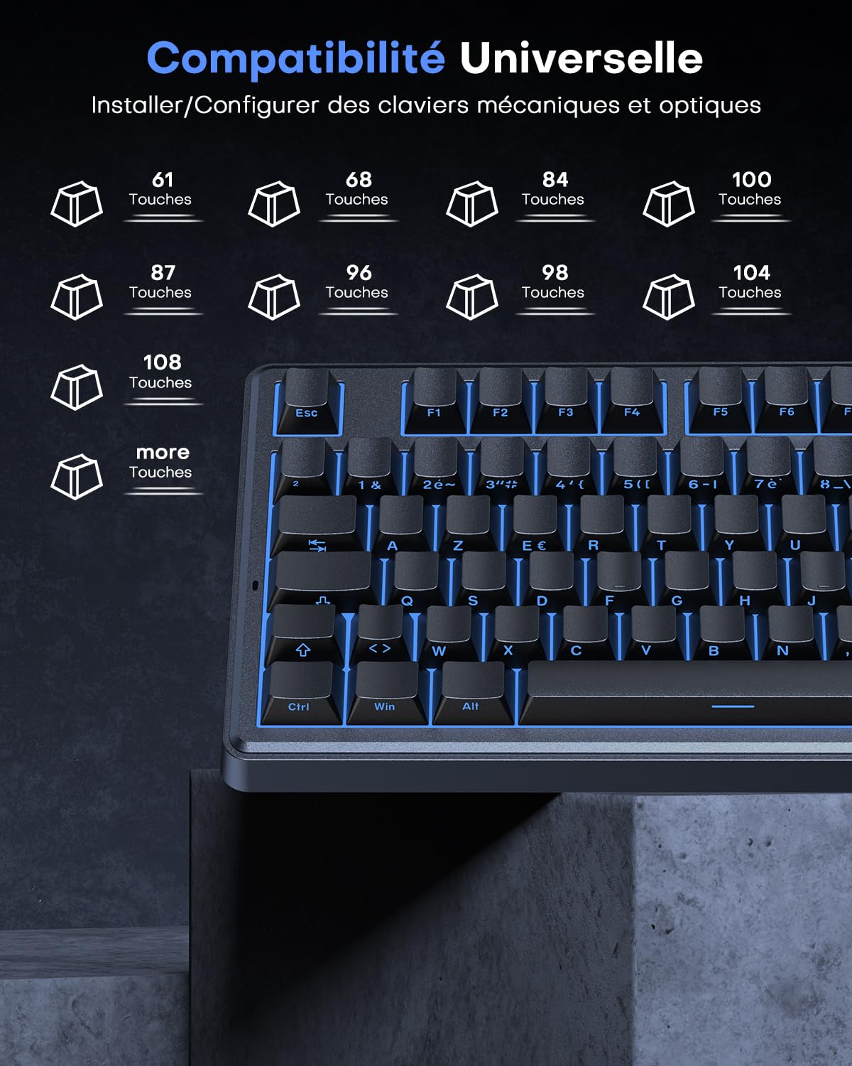 OMOTON Capuchons de Touches en Français, Cherry Profil 127 Touches PBT avec extracteur de Touches, Gravur Latéral pour MX Switch 61/68/84/87/96/108 ANSI/ISO-FR Layout claviers mécaniques - Noir