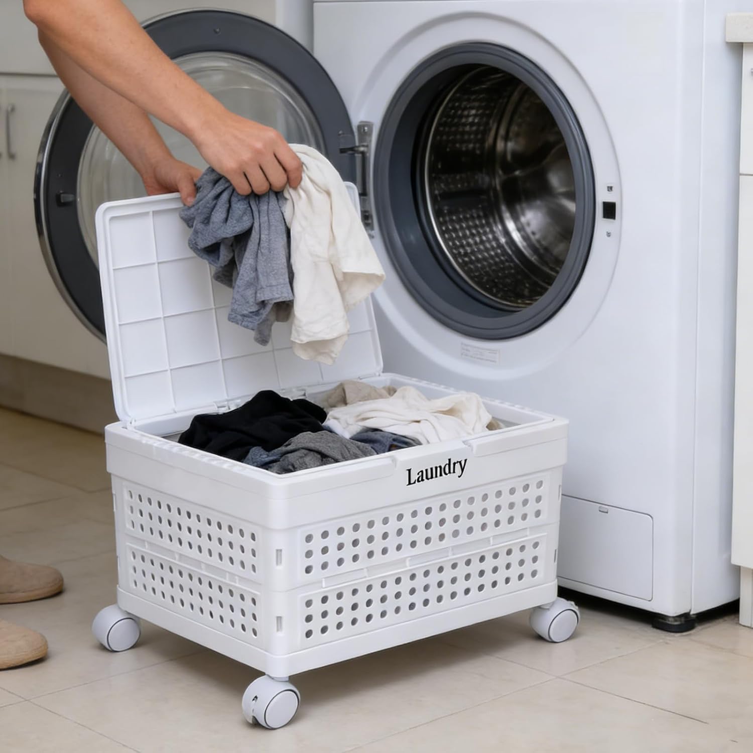 Collapsible Laundry Hamper with Lid, Plastic Laundry Baskets for Bathroom Space Saving,Large Capacity Dirty Clothes Hamper Portable Washing Bin for Family Dorm