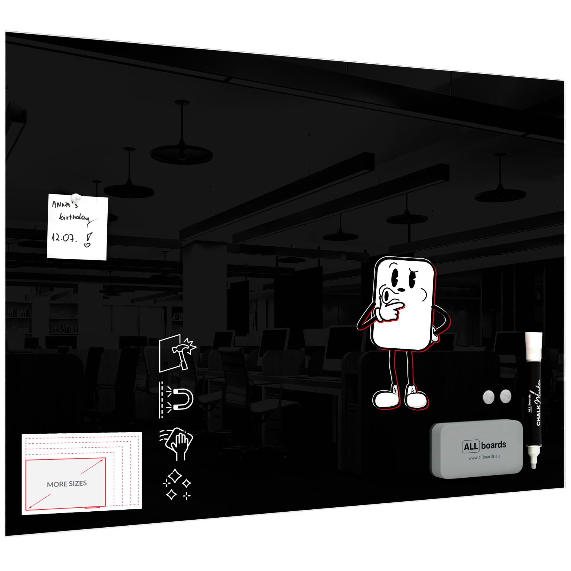 ALLboards Magnetic Black Glass Board 100x70cm, Frameless, Glass Magnetic Board, Tempered Glass, Writing Board — image 1