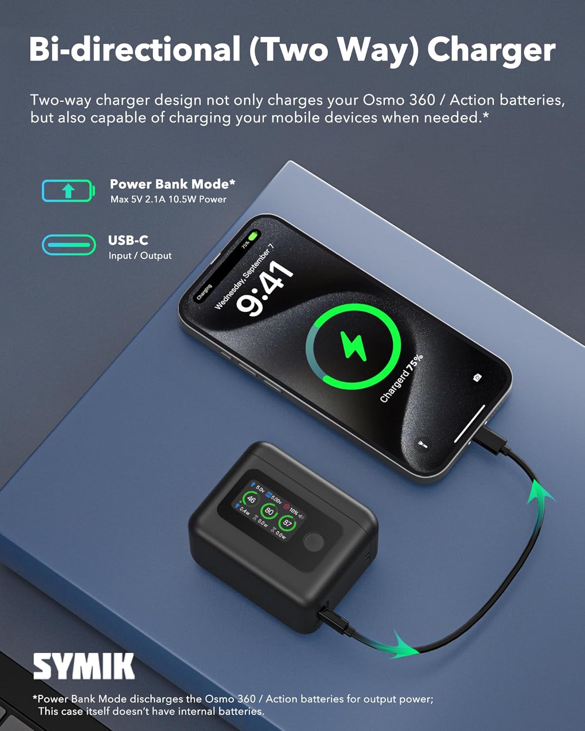 SYMIK Battery Charger for DJI Osmo 360 / Action 6 / Action 5 Pro/Action 4/3, 27W Triple Slots PD Fast Charging Case, Intelligent 5-in-1 LCD Two Way Charger Hub for DJI OSMO Battery, Shows Battery SOC